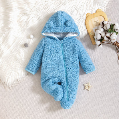 A baby onesie autumn and winter thickened padded bear hooded out long-sleeved zipper climbing suit