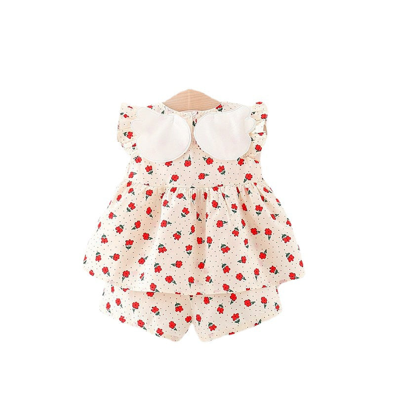 Girls&#039; new summer suit with western style and polka dots printed back, big wings, flying sleeve skirt and cute cotton shorts. 0.3kg