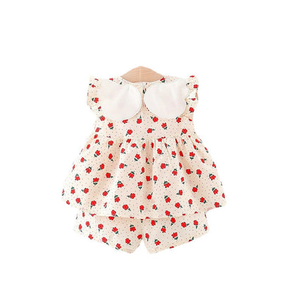 Nuevo traje de verano para niñas con estilo occidental y estampado de lunares en la espalda, grandes alas, falda con mangas voladoras y lindos pantalones cortos de algodón. 0,3 kg 