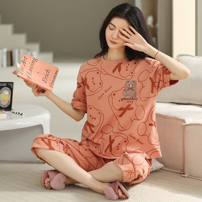 A pajamas women's summer cartoon pure cotton short-sleeved cropped pants casual loose round neck can be worn outside summer loungewear suit