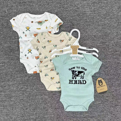 Cross border baby jumpsuit, men's and women's three piece set, buttocks, short sleeved set, men's and women's summer thin edition