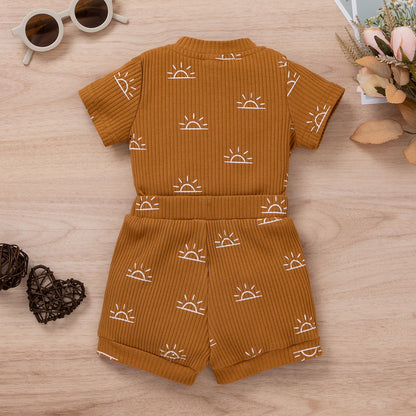 Bao Bao summer baby boy two-piece set pit strip sun printed stand collar short sleeve bag fart suit shorts set 0.15