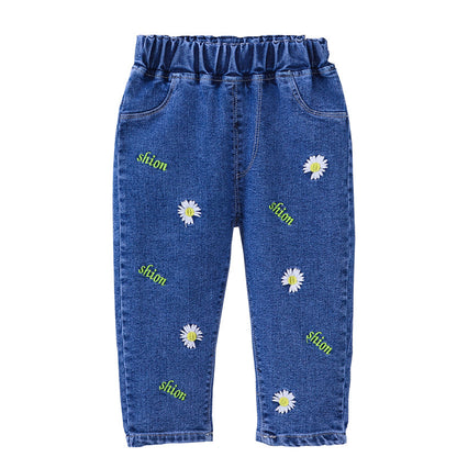 Nueva versión coreana de pantalones vaqueros de primavera y otoño para niñas, pantalones occidentales sueltos para bebés de primavera y otoño para niños de 0,45 kg 