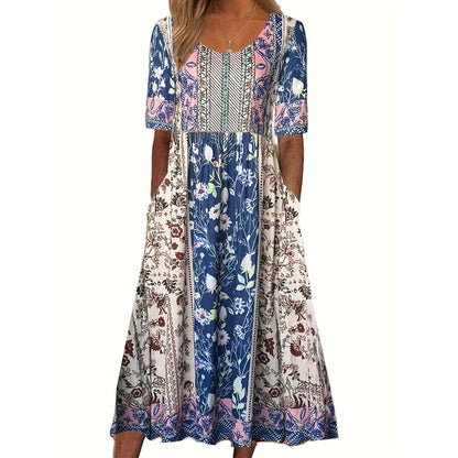 A 2024 Europe, America, Amazon Summer New Women's Crew Neck Short Sleeve Long Dress Bohemian Print Dress Women