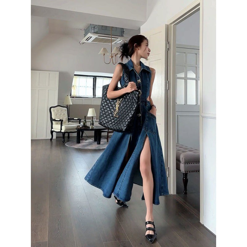 A denim blue hollow waist dress women's 2024 summer new slim side waist split temperament medium and long skirt