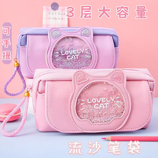 A quicksand cute stationery bag multi-functional stationery box large-capacity pencil case high-value pencil case girl's heart stationery bag