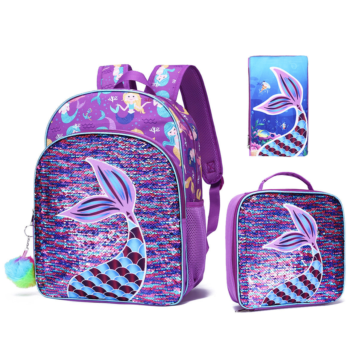 A spot mermaid three piece set for elementary school students, backpack for children, cross-border Amazon backpack