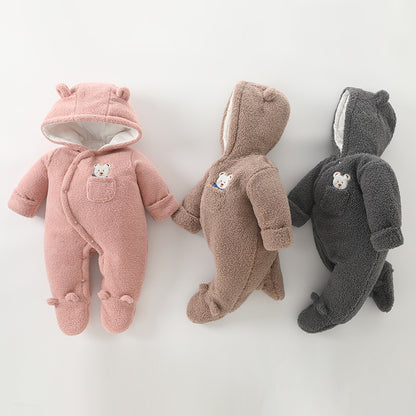 A baby thickened teddy fleece onesie baby bag hands and feet warm Romper winter out climbing clothes