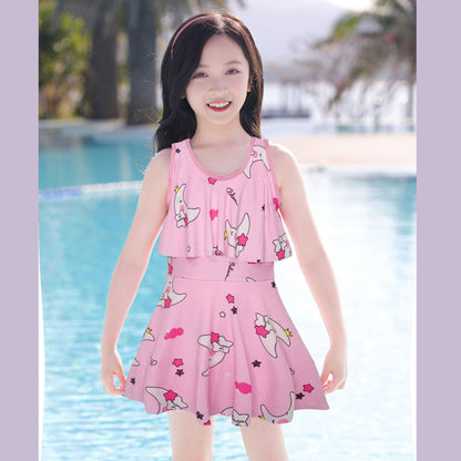 A Girls' swimsuit, sports stitching, split short sleeve sunscreen, swimsuit for medium and large children, swimsuit with chest pad, and quick-drying student swimsuit for children 0.15KG