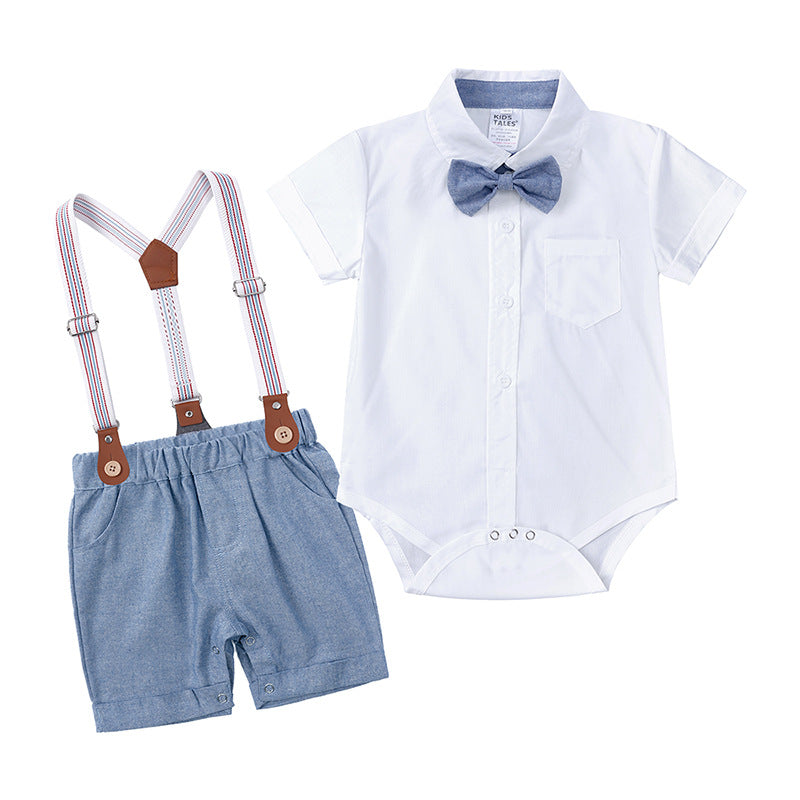 A Summer Gentlemen's Set for Boys in Foreign Trade, Two Piece Set of Infant Crawling Clothes with Backstraps and Pants, British Style, Handsome Dress for Delivery