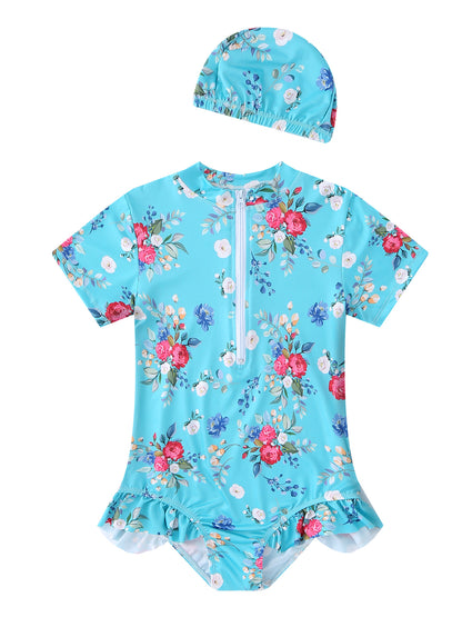 A CHILDREN'S SHORT SLEEVE TRIANGLE SWIMSUIT BABY GIRL ONE-PIECE SPA SWIMSUIT FLORAL BIKINI RUFFLE BEACH SURFSUIT 0.11KG