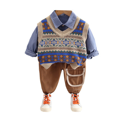 A baby autumn new vest full of printed cotton shirt casual trousers three-piece set children's clothing manufacturers wholesale