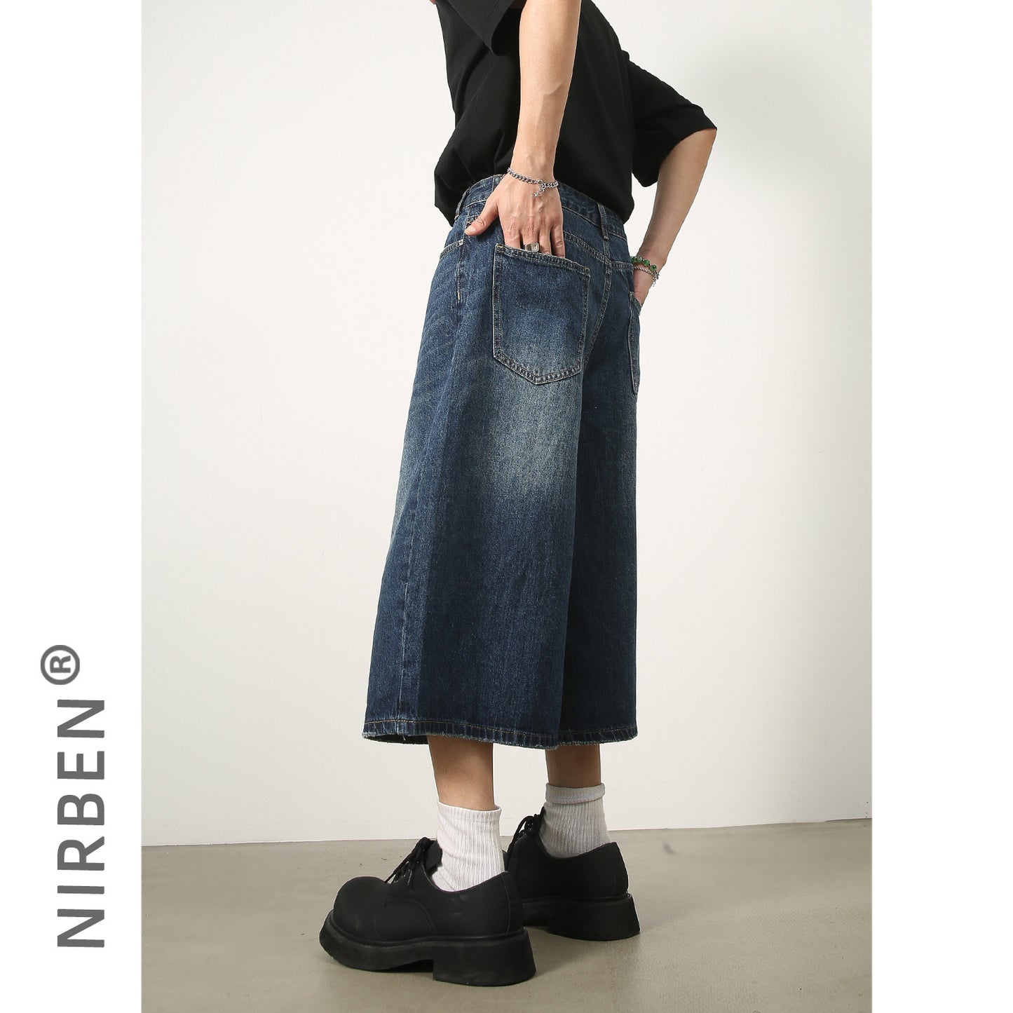 A nirben denim | Summer loose silhouette washed retro old seven-point straight denim shorts male tide