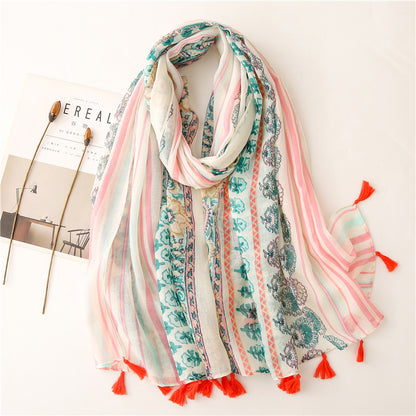 A Yitao Scarf Creative Ethnic Style Cotton and Hemp Hand Feel Scarf Women's Orange Wheat tassel Tourist Beach Scarf Shawl