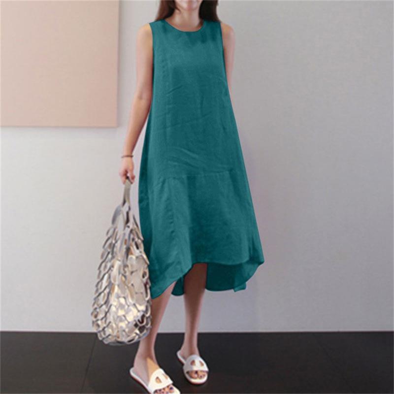 A Cross-border foreign trade summer round neck long dress sleeveless large size loose solid color long pendulum vest cotton and linen dress women