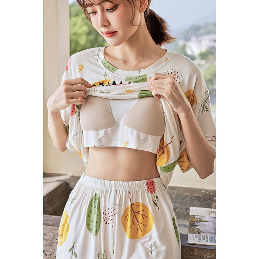 A 2024 Modal pajamas women's summer thin short-sleeved shorts anti-bumps with chest pads loungewear suit can be worn outside