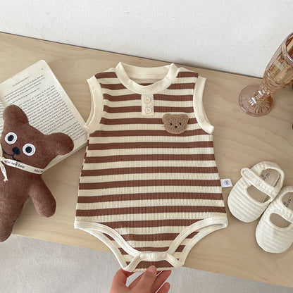 Vestido de verano para niños, sin mangas, con bolsa, ropa para bebés, versión coreana, chaleco de oso a rayas, mono, ropa de paseo para bebés 