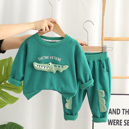 Boy's autumn clothes cartoon crocodile two-piece set of foreign children's clothes 2023 new handsome baby Korean version of the tide baby 0.3kg