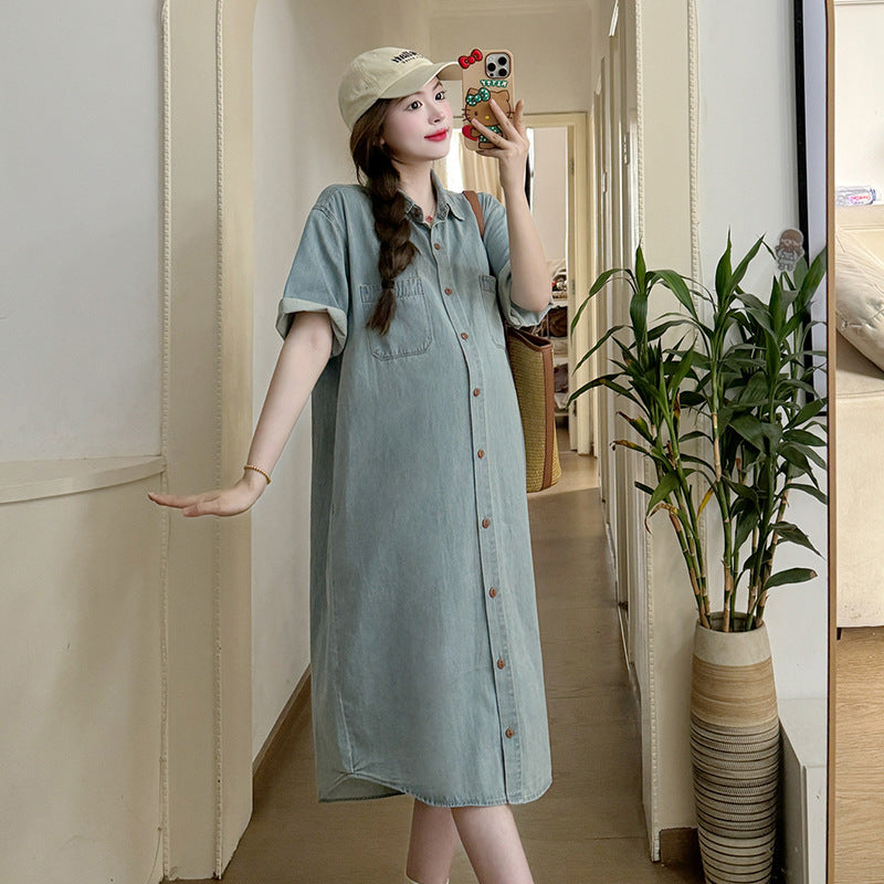 A maternity wear 2024 summer Korean version fashion casual loose denim dress nursing shirt skirt medium and long trendy mother