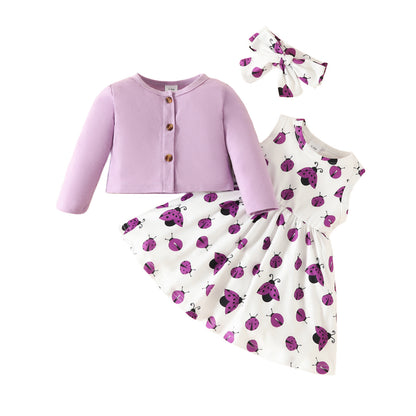 Baby Autumn New Solid Color Long Sleeve Cardigan Jacket Beetle Sleeveless Dress Ladybug Print Suit Skirt 0.2kg