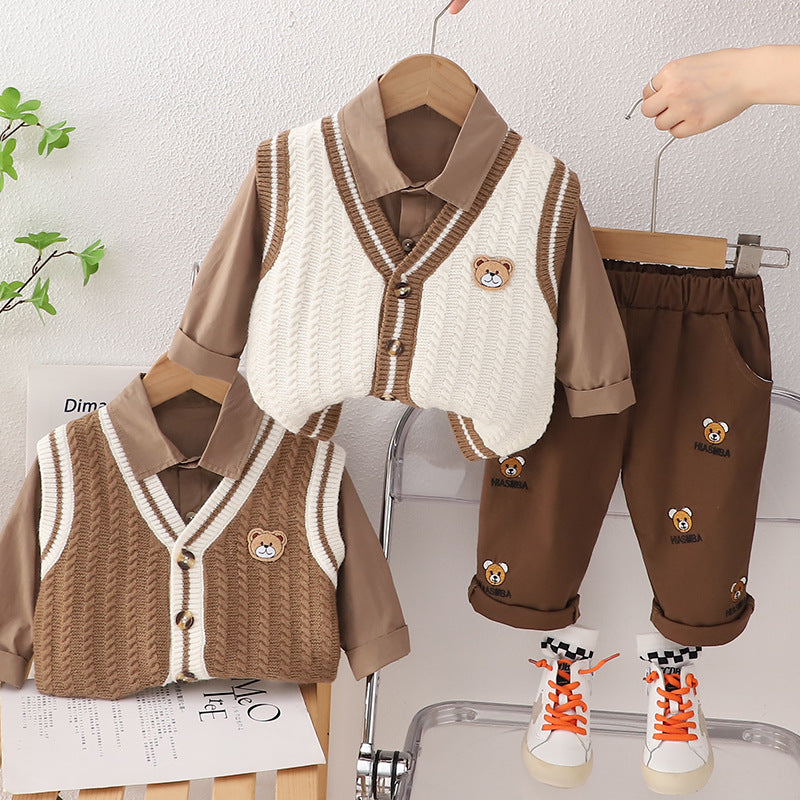 A boys autumn suit new children's spring and autumn foreign style boys baby sweater vest cardigan three-piece trendy set