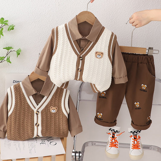 A boys autumn suit new children's spring and autumn foreign style boys baby sweater vest cardigan three-piece trendy set