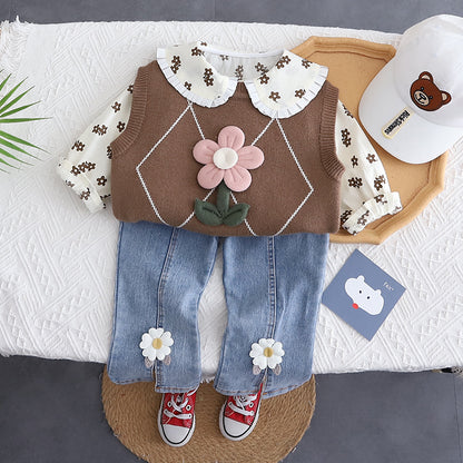 A autumn new top Korean version baby girl bow set girls flower sweater vest three-piece set trendy