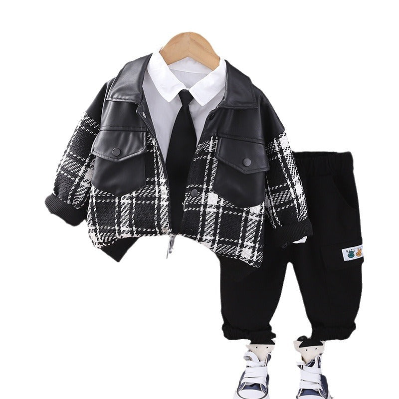 A Spring and Autumn Men's and Women's Suits Children's Spring and Autumn Plaid Crew Neck Sweater Suits Baby Handsome Three-piece Set