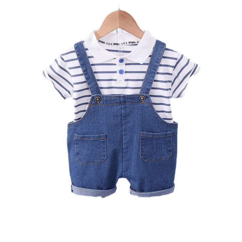 Boy's Summer Set 2024 New Foreign Style Children's Summer Lapel Sliver Denim Strap Short Sleeve Two-Piece Set 0.3kg