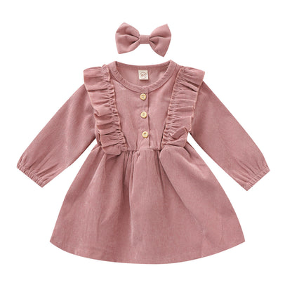 Girl's Clothes, Sweet Lace Corduroy Dress, Girl's Bow Hair Clip Two Piece Set, 0.23kg