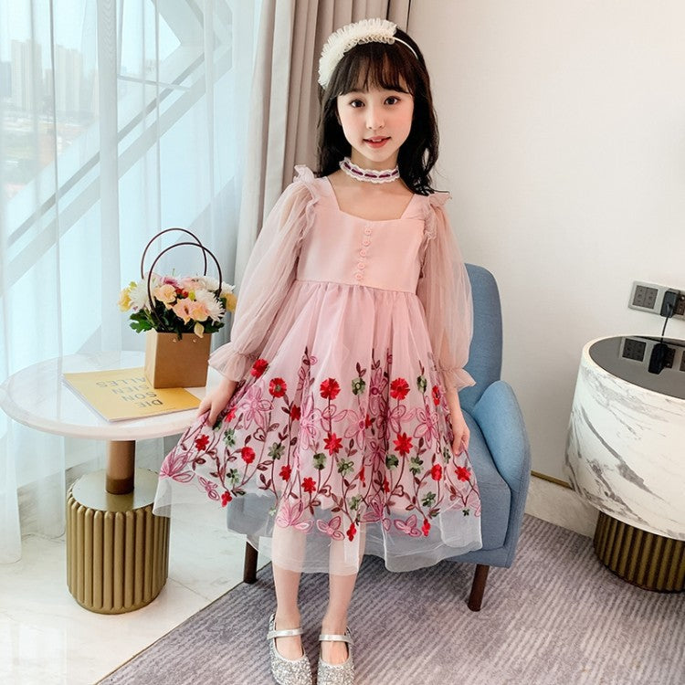 Girls&#039; dresses spring and autumn children&#039;s lace online celebrity exotic little girl baby long sleeve chiffon skirt summer.0.51kg