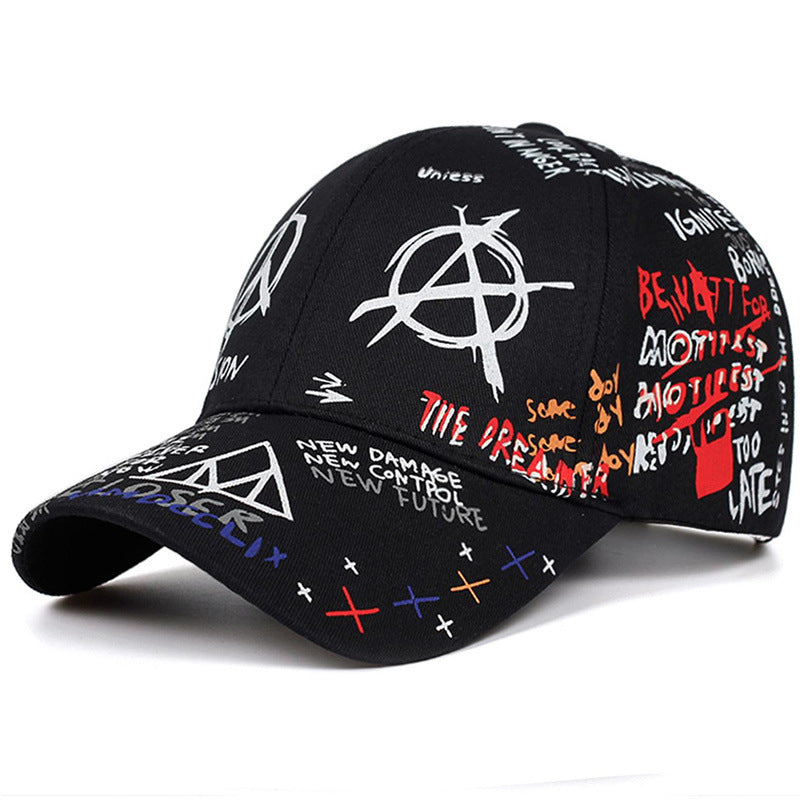 A Cross-border outdoor graffiti caps, hip hop boys, hip hop students, sun hats, women's fashion street photography, wild printed baseball caps