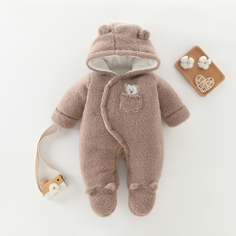 A baby thickened teddy fleece onesie baby bag hands and feet warm Romper winter out climbing clothes