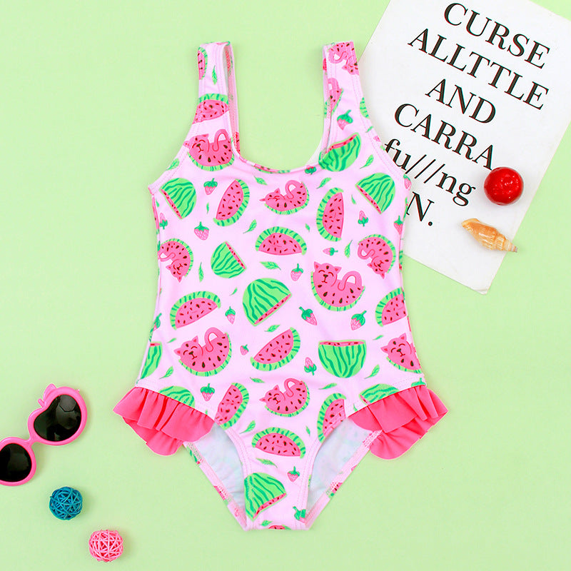 A Cross-border European and American new hot selling one-piece swimsuit, watermelon print, sweet and cute cartoon girl, children's swimsuit 0.2kg