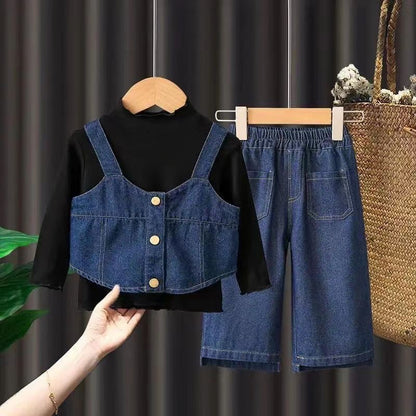 Small and medium-sized girls autumn denim strap suit new girl baby autumn three-piece suit