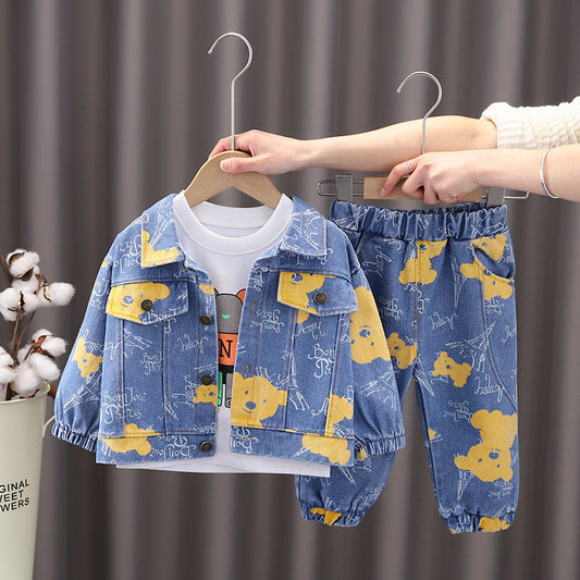 Spring and Autumn New Denim Cardigan Jacket Children's Trend Set Men's and Women's Jeans Three-Piece Set 0.3KG