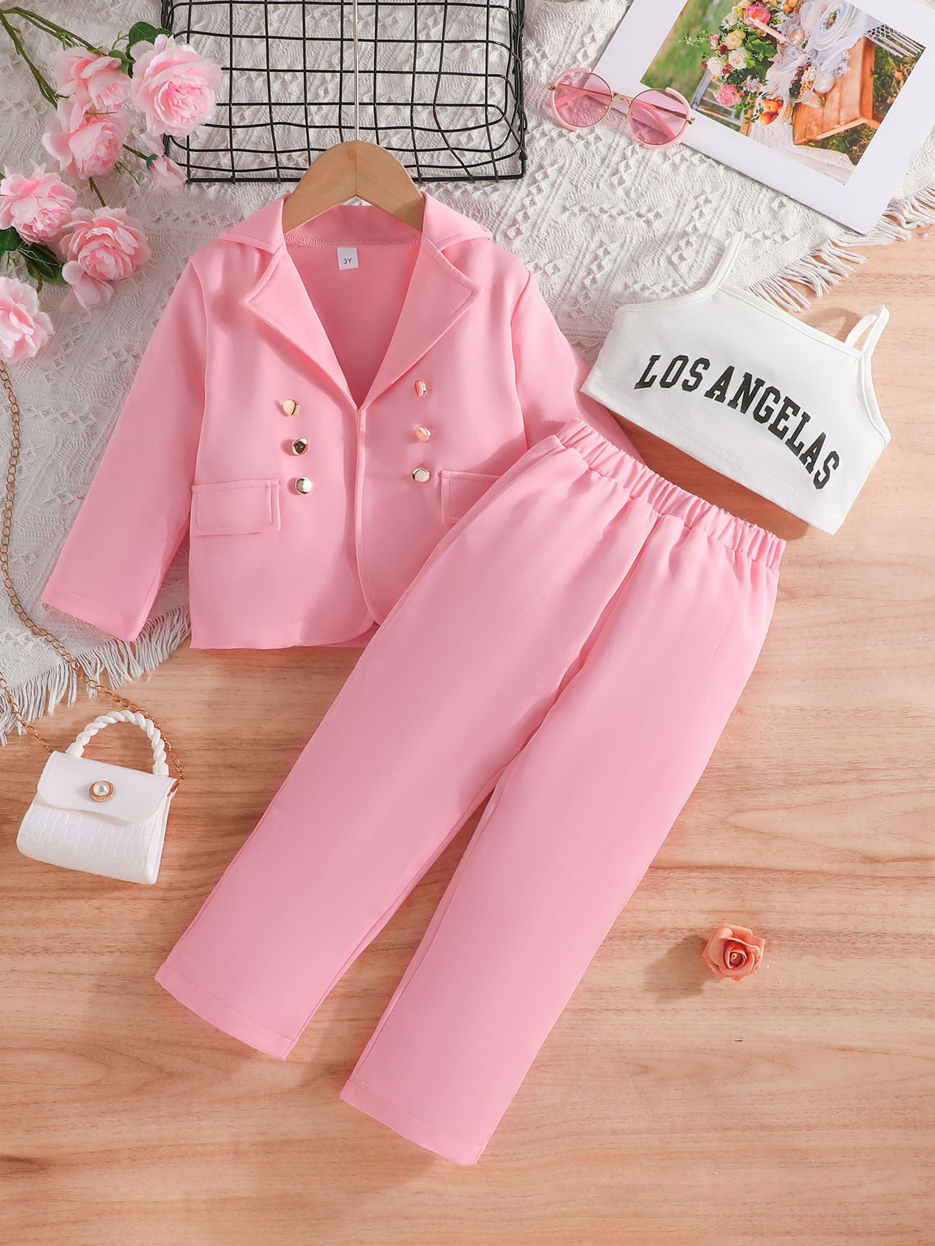 Conjunto de tres piezas de chaqueta de manga larga + camiseta sin mangas + pantalón largo para niña, ropa infantil con letras, primavera y otoño, 0,27 kg