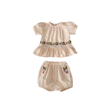 A 2024 Summer Baby Baby Flower Embroidered Round Neck Short Sleeve Shirt+Small Fresh Loose Shorts 2-piece suit