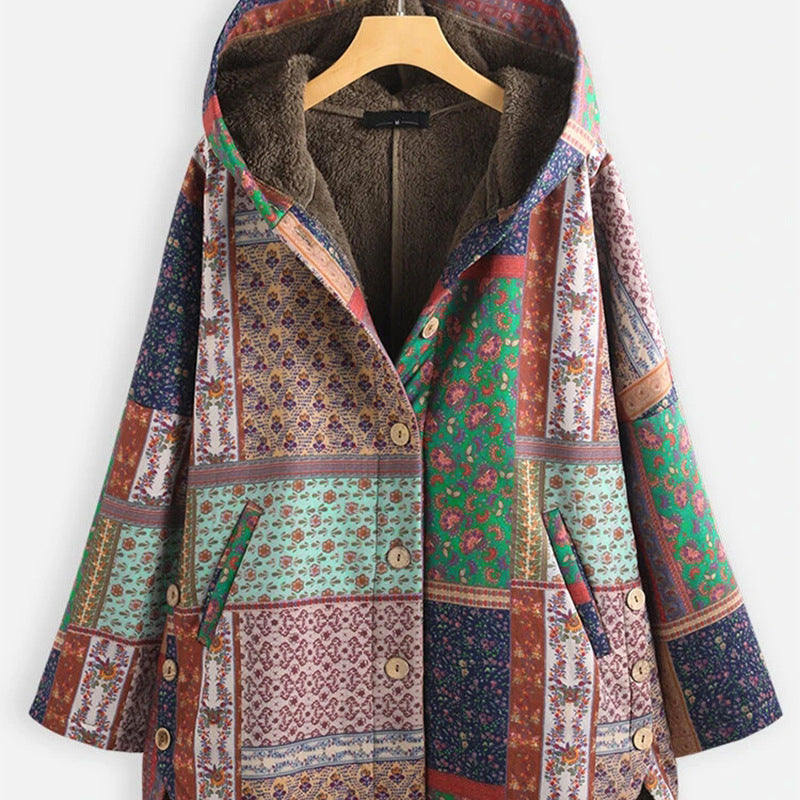 Venta al por mayor de ropa de algodón de otoño e invierno para mujer, chaqueta de abrigo de algodón grueso y cálido de talla grande con capucha y estampado artístico 