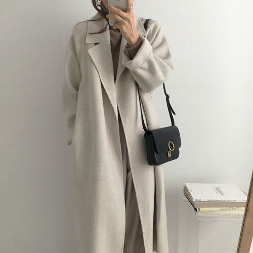 A Spot women's woolen coat Korean version salt fried street suit collar loose tie autumn and winter extended double-sided woolen coat