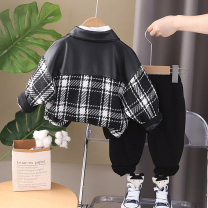 A Spring and Autumn Men's and Women's Suits Children's Spring and Autumn Plaid Crew Neck Sweater Suits Baby Handsome Three-piece Set