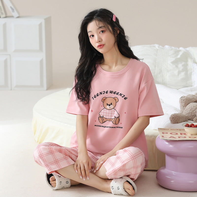 A pajamas women's summer cartoon pure cotton short-sleeved cropped pants casual loose round neck can be worn outside summer loungewear suit