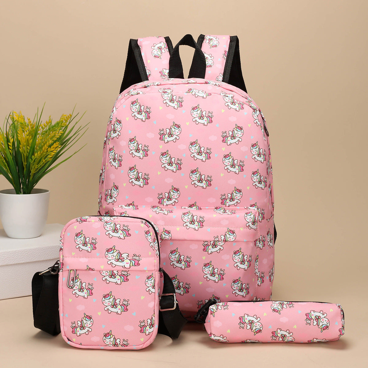 Mochila de estudiante de secundaria de Amazon para mujer, mochila infantil de unicornio, bolso bandolera, estuche para lápices, conjunto de tres piezas, bolso de hombro para mujer 