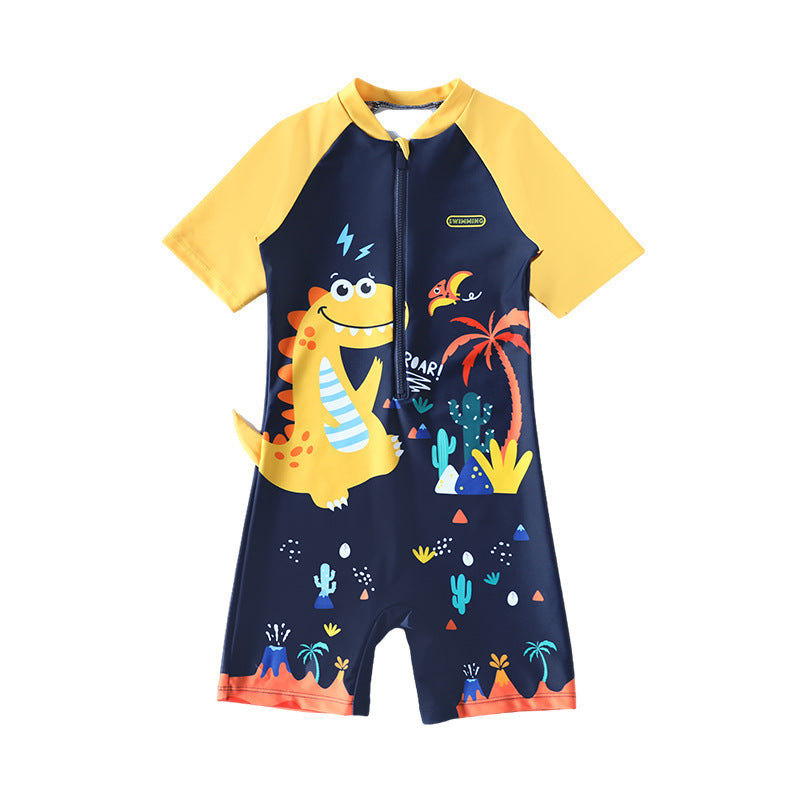 Traje de baño de cuerpo dividido para niño con estampado de dibujos animados de dinosaurio pequeño, mono deportivo de protección solar de secado rápido para niños pequeños, medianos y grandes, 0,18 kg 