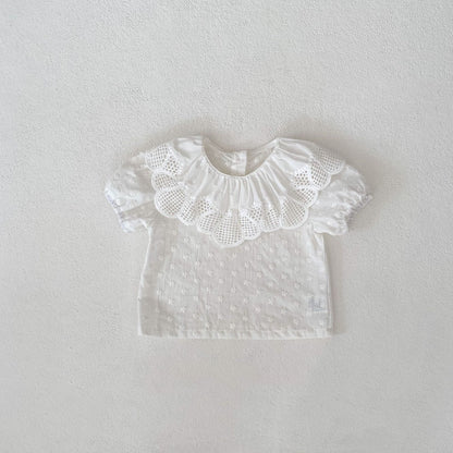 A 2024 Summer Baby Girl Sweet and Versatile Big Lace Collar Embroidered Small Flower Bubble Short sleeved Top with Bottom