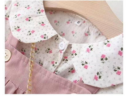 Venta al por mayor de ropa infantil para niñas, blusa con estampado floral y falda con tirantes de osito de peluche, nuevo conjunto de dos piezas de otoño A421 