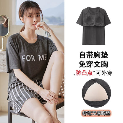 A 2024 Modal pajamas women's summer thin short-sleeved shorts anti-bumps with chest pads loungewear suit can be worn outside