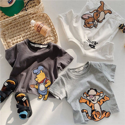 Una nueva camiseta de manga corta con bordado de dibujos animados para niños y niñas de algodón suave de verano de 2024, camiseta para niños pequeños, camiseta base 