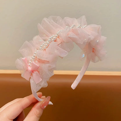 PRICE FOR 10 PIECE Princess temperament Crown tiara little girl gauze bow Pearl hairband pleated lace embroidered headband hairpin (weight:0.05kg)