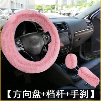 Winter short plush handlebar cover imitation rabbit fur gear lever handbrake three-piece set plush car steering wheel cover (moq:10 set , if  buy one piece need 1usd extra fee )